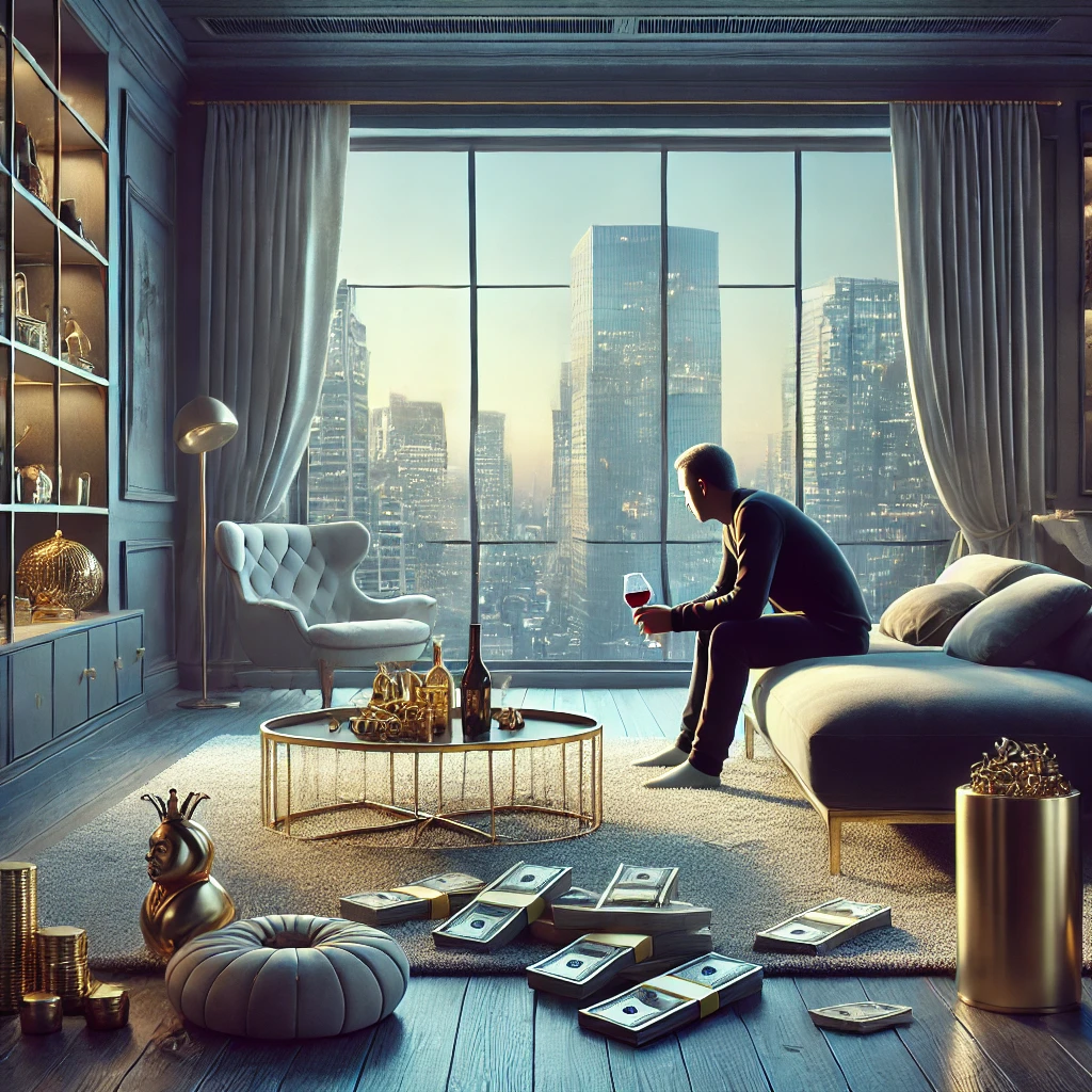 homme seul avec beaucoup d'argent dans une chambre d'hôtel qui répond à la question : l'argent fait-il le bonheur ?
