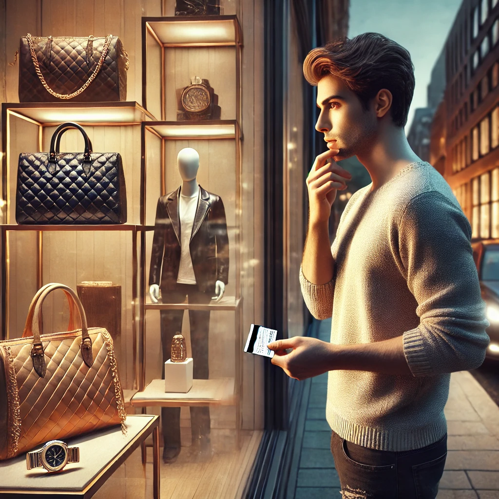 homme devant un magasin qui s'apprête à réaliser des dépenses inutiles