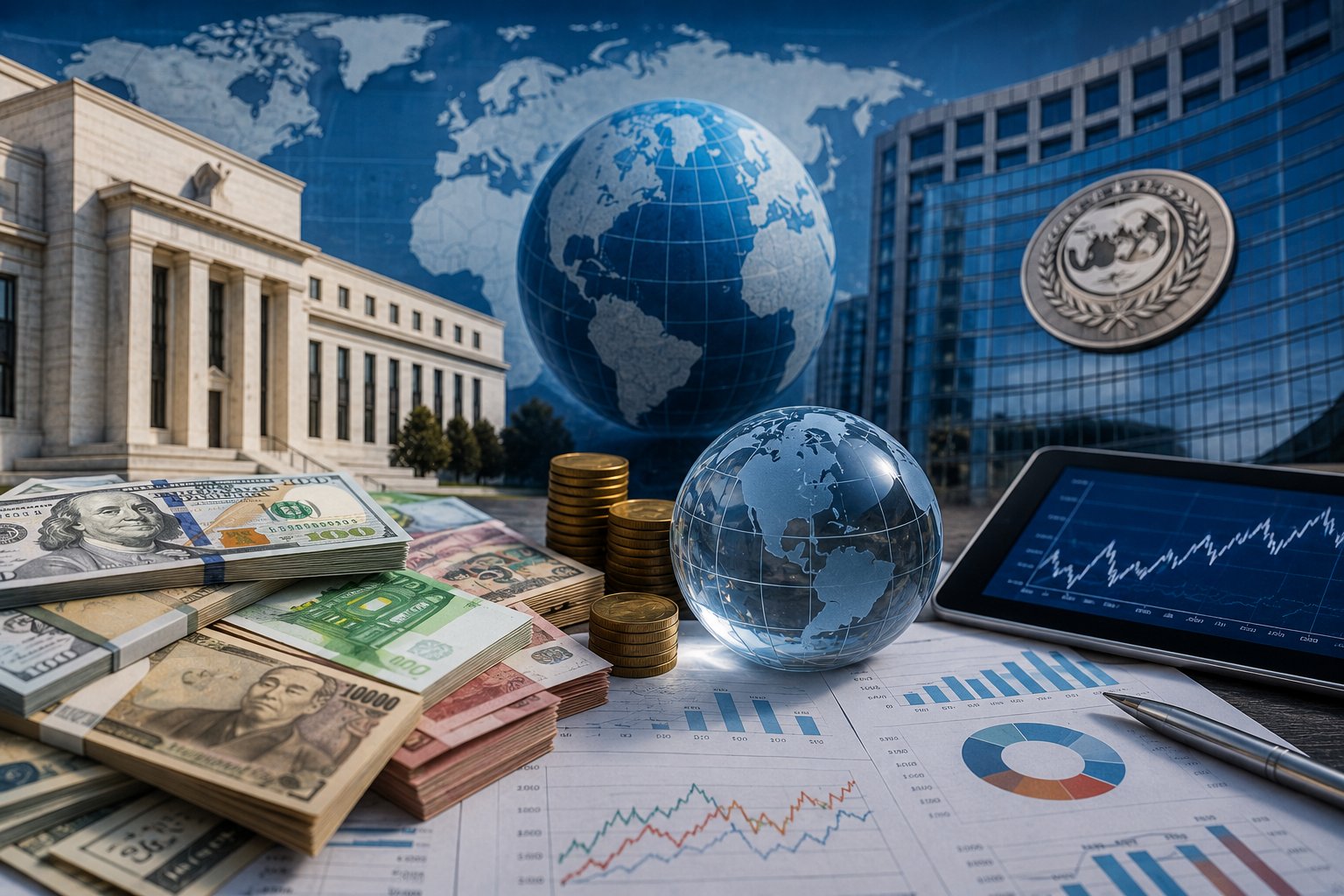 Je vais vérifier les sources institutionnelles récentes sur le rôle du dollar, du FMI, des banques centrales, des taux de change, des réserves de change, de la balance des paiement
