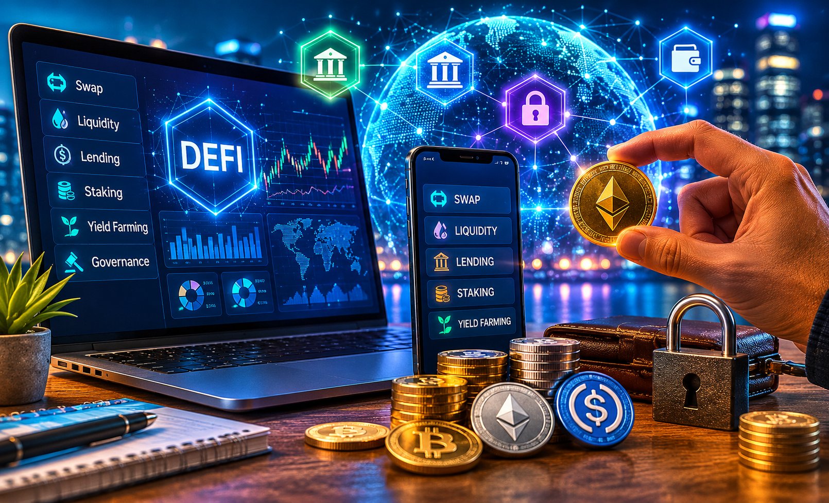 Je vais vérifier les sources récentes sur les protocoles DeFi, les stablecoins, les prêts, le staking, le yield farming, les risques de smart contracts, la régulation MiCA et les u